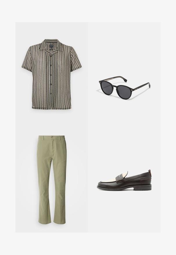 Chemise à manches courtes avec un motif rayé dans des tons atténués de beige, noir et gris. Dispose d'un col de type camp et d'une coupe décontractée.; Pantalon en coton vert clair avec une coupe droite, doté d'une fermeture à bouton à l'avant et d'une texture discrète. Aucun motif ou accent visible.; Mocassin homme en cuir marron foncé avec panneau en tissu écru et détail classique de bride cousue, semelle plate et languette au talon.; BOSS Lunettes de soleil - black
