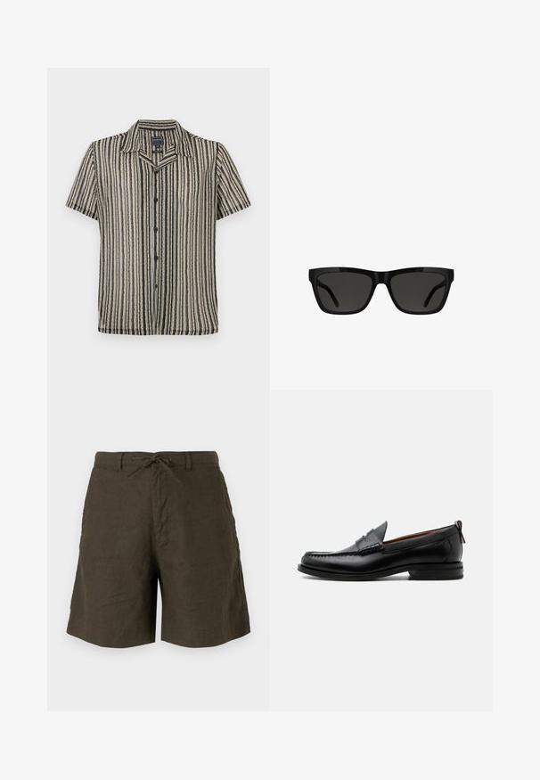 Korte mouwen button-up shirt met een gestreept patroon in zachte tonen van beige, zwart en grijs. Heeft een kampkraag en een relaxte pasvorm.; Khaki shorts van linnen, met een verstelbare tailleband, zijzakken en een comfortabele pasvorm met een gladde textuur.; Zwarte leren herensloffen met moc toe stiksel, pennyriem, gestructureerde kraag en lage gestapelde hak op witte achtergrond.; Zwarte zonnebril met rechthoekige vorm, glanzend kunststof montuur, donkere glazen en een slank ontwerp van de pootjes, geschikt voor verschillende gezichtsvormen.
