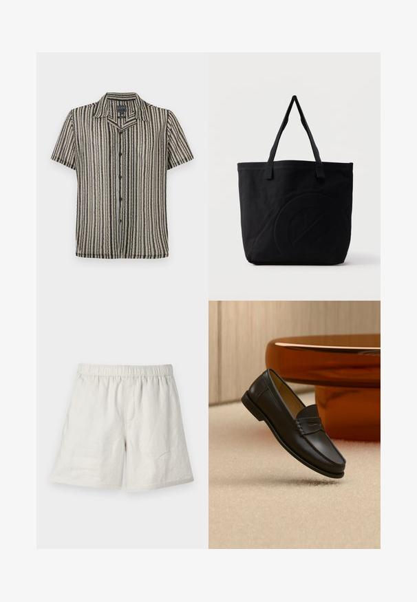 Korte mouwen button-up shirt met een gestreept patroon in zachte tonen van beige, zwart en grijs. Heeft een kampkraag en een relaxte pasvorm.; Licht beige linnen shorts met een elastische tailleband, met een relaxed fit en minimale naden voor een eenvoudig, casual ontwerp.; Zwarte leren loaferschoen zwevend boven een beige tapijt met amberkleurige moderne meubels op de achtergrond.; Zwarte canvas tas met twee schouderbanden en een subtiel, ingebosseleerd cirkelvormig ontwerp aan de voorkant.