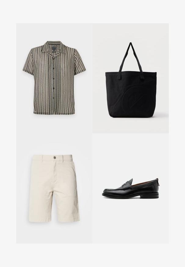 Korte mouwen button-up shirt met een gestreept patroon in zachte tonen van beige, zwart en grijs. Heeft een kampkraag en een relaxte pasvorm.; Beige katoenen shorts met een rechte pasvorm, voorzien van een voorste knoop- en ritsluiting, zijzakken en gestikte zoom.; Zwarte leren herensloffen met moc toe stiksel, pennyriem, gestructureerde kraag en lage gestapelde hak op witte achtergrond.; Zwarte canvas tas met twee schouderbanden en een subtiel, ingebosseleerd cirkelvormig ontwerp aan de voorkant.