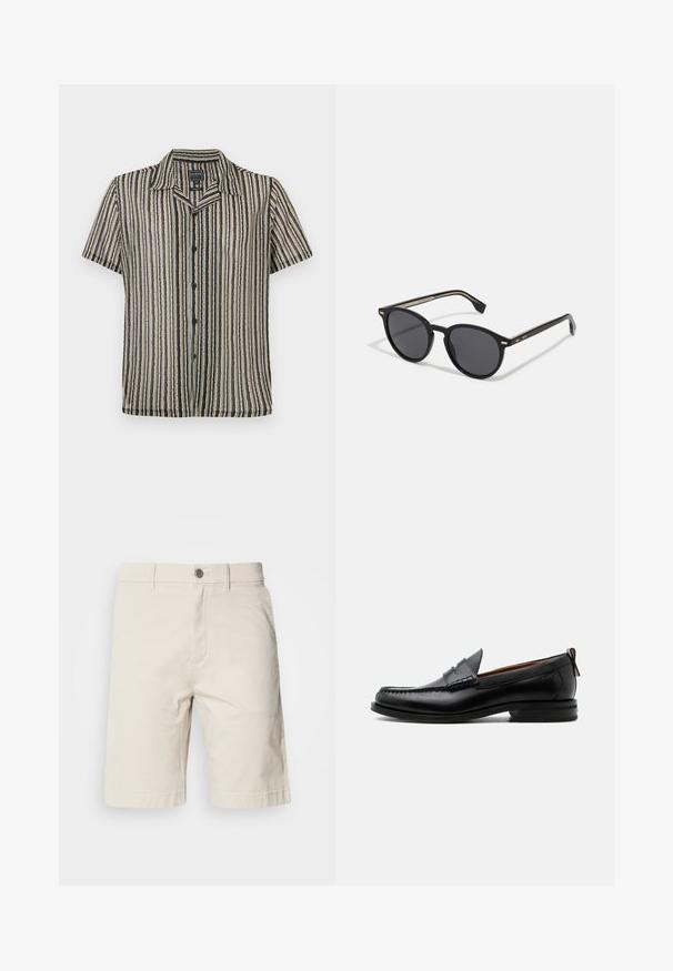 Kortærmet skjorte med knaplukning i en stribet mønster i dæmpede nuancer af beige, sort og grå. Har en camp collar og en afslappet pasform.; Beige bomulds shorts med lige snit, der har en frontknap og lynlås lukning, sidelommer og syede kanter.; Sort læder herre loafer med moc-tå syning, penny strop, struktureret krave og lav stablet hæl på hvid baggrund.; BOSS Solbriller - black