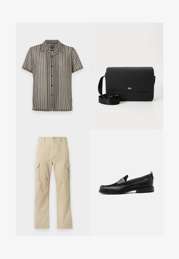 Korte mouwen button-up shirt met een gestreept patroon in zachte tonen van beige, zwart en grijs. Heeft een kampkraag en een relaxte pasvorm.; Tommy Jeans OTIS HERRINGBONE PANTS - Cargobroek - silt; Zwarte leren loafer met grijs riemdetailelement, lage hak en gestructureerde zool, aan de zijkant gebrandmerkt met "HUGO" in goud.; Zwarte leren schoudertas met een soepele structuur, een voorklep, zilveren logoaccent en een verstelbare stoffen schouderband.