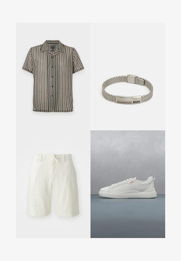 Chemise à manches courtes avec un motif rayé dans des tons atténués de beige, noir et gris. Dispose d'un col de type camp et d'une coupe décontractée.; Shorts beige clair en tissu doux et texturé. Dotés d'une taille élastique avec cordon de serrage et d'une poche avant unique.; Sneaker blanche avec une finition en cuir lisse, bout rond, quatre œillets, perforations subtiles et un détail de logo rouge sur le côté.; Bracelet en maille argentée avec une plaque métallique incurvée, gravée du mot "BOSS" et de trois rayures colorées. Design de fermoir réglable.