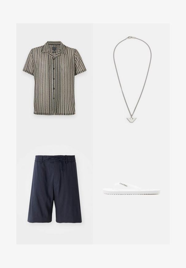 Korte mouwen button-up shirt met een gestreept patroon in zachte tonen van beige, zwart en grijs. Heeft een kampkraag en een relaxte pasvorm.; Marineblauwe shorts met een elastische tailleband, verstelbaar trekkoord en een zachte, gestructureerde stof. Kenmerken zijn de knielange snit en het minimalistische design.; Witte Calvin Klein teenslipper met een dikke zool en een merkriempje, zijaanzicht tegen een effen achtergrond.; Zilveren ketting met een driehoekige vleugelvormige hanger met horizontale lijnen. Gedetailleerde textuur, met een klassieke sluiting.