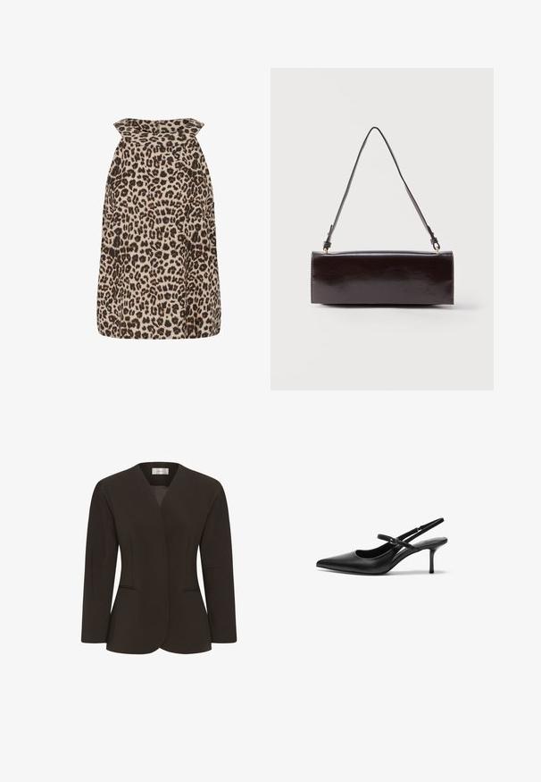 Top sans manches imprimé léopard avec un col arrondi et une coupe ample, fabriqué en tissu léger au toucher doux.; Blazer noir pour femme, ajusté, manches longues, devant ouvert et détails discrets de coutures à la taille et aux poches.; Talons aiguilles noires en cuir avec un bout pointu, une fine bride réglable, et un talon aiguille d'environ 5 cm, texture lisse.; Sac à main rectangulaire en cuir noir avec une longue bandoulière unique et une finition brillante, présenté sur un fond blanc uni.