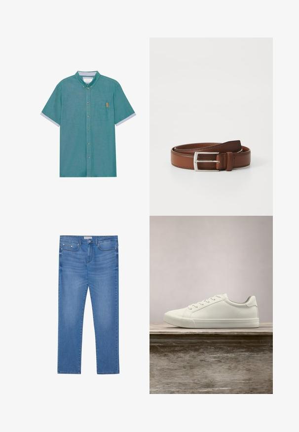 Short-sleeve, button-up shirt in teal fabric with a chest pocket and contrasting light gray cuffs, featuring a subtle texture and brown label.; Light blue denim jeans with a straight leg cut, five-pocket design, subtle fading, and metal hardware accents at the waist and pockets.; White lace-up sneaker hovering above wooden bench with green foliage in the background, showcasing shoe design and texture.; Brown leather belt with a smooth finish, featuring a silver metal buckle and subtle stitching along the edges. Classic and durable design.