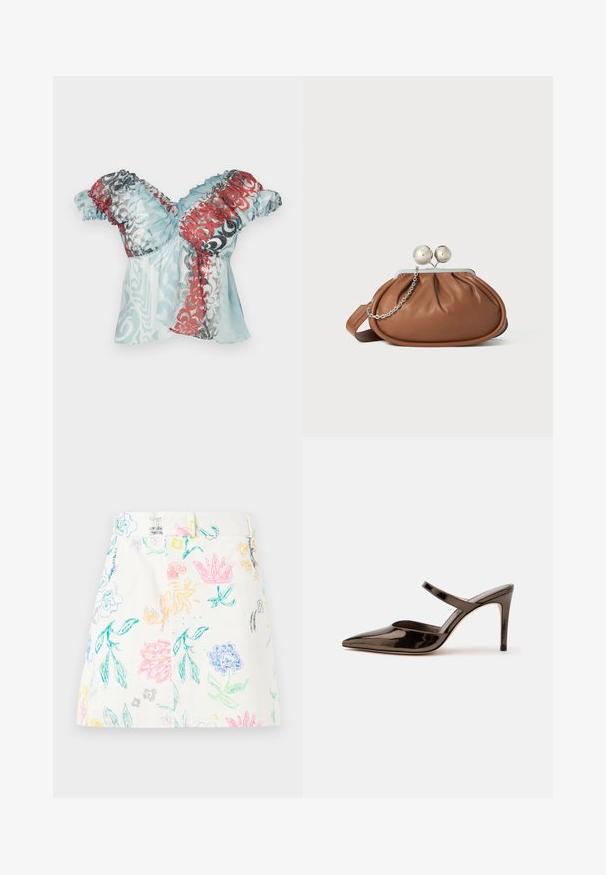 Paolina Russo BABBY DOLL - Top - blue crush; Soulland SKIRT - Uska suknja - white; Sijajno tamnobraon mokasin otvorenog vrha na visoku petu s tankom trakom preko gornjeg dijela stopala na jednobijeloj pozadini.; Smeđa kožna torbica s srebrnim kopčom u obliku kuglice i malim srebrnim lančićem na bijeloj pozadini.