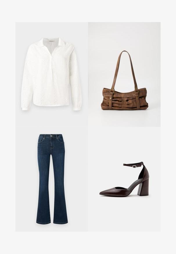 Blouse en coton blanc avec des manches longues, un col en V et des motifs de broderie ajourée complexes. Design à coupe classique.; Jean en denim bleu foncé avec une taille mi-haute, style cinq poches et jambes évasées, présenté à plat sur un fond blanc.; Chaussure à talon haut en cuir marron foncé à bout pointu, avec bride à la cheville et boucle argentée sur fond blanc.; Even&Odd by Zalando Sac à main - brown