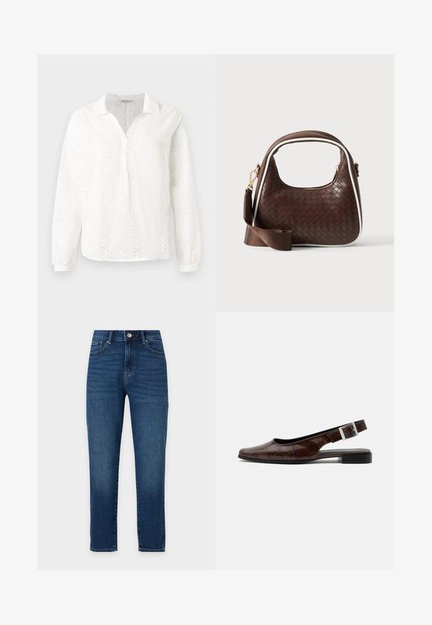 Blouse en coton blanc avec des manches longues, un col en V et des motifs de broderie ajourée complexes. Design à coupe classique.; Jean classique en denim bleu à coupe droite, cinq poches, passants pour ceinture, fermeture à bouton et à glissière, présenté sur fond blanc.; Chaussure plate slingback en cuir marron foncé avec bout carré, texture crocodile et boucle argentée sur la bride.; Sac à main en cuir tressé marron avec passepoil blanc, fermeture éclair dorée et bandoulière amovible en tissu marron.