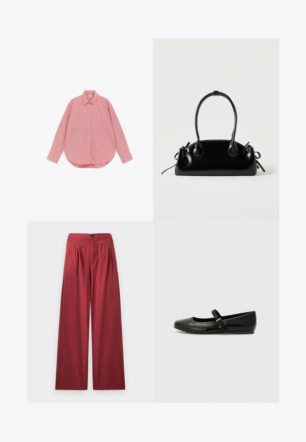 Chemise rose à manches longues avec boutons, rayures verticales blanches et roses foncées, col classique et ourlet arrondi.; Pantalon large rouge à plis devant, fermeture par boutons et poches latérales, présenté sur un fond clair uni.; Ballerines en cuir noir avec un bout arrondi, une semelle plate et une fine sangle ajustable sur le cou-de-pied avec une boucle en métal.; Petit sac à main noir brillant avec deux longues anses et des détails à cordon sur les côtés sur un fond clair uni.
