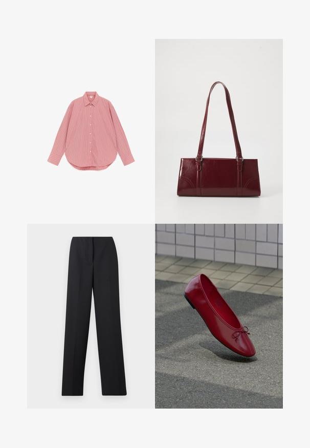 Chemise rose à manches longues avec boutons, rayures verticales blanches et roses foncées, col classique et ourlet arrondi.; Pantalon noir taille haute, jambes droites, avec plis marqués et fermeture avant dissimulée sur fond neutre.; Ballerine en cuir rouge avec un petit nœud sur un pavé texturé près d'un mur carrelé, projetant une ombre en dessous.; Sac à main bordeaux en matériau brillant, de forme rectangulaire, avec deux anses et des accents légèrement courbés à l'avant.