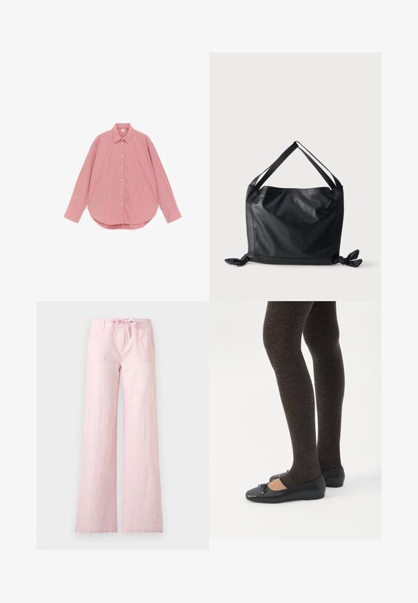 Chemise rose à manches longues avec boutons, rayures verticales blanches et roses foncées, col classique et ourlet arrondi.; Pantalon large rose clair avec poches plaquées devant, fermeture par boutons et cordon à la taille, présenté sur fond blanc.; Jambes portant des leggings côtelés foncés associés à des ballerines noires avec de petits détails en nœud sur fond blanc.; Sac d'épaule en cuir noir avec larges bretelles et détails noués à chaque coin inférieur sur un fond clair uni.