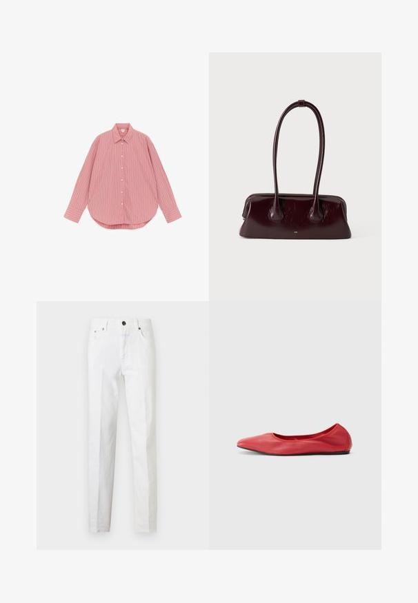 Chemise rose à manches longues avec boutons, rayures verticales blanches et roses foncées, col classique et ourlet arrondi.; Jean slim blanc avec cinq poches, fermeture par bouton métallique et passants de ceinture, présenté à plat sur fond blanc.; Filippa K REY FLATS - Ballerines - bright red; Sac à main en cuir brun foncé brillant avec de longues anses fines et une base rectangulaire structurée sur un fond clair uni.