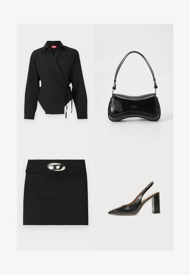Chemise noire à manches longues de style portefeuille avec col et liens latéraux, présentant un petit logo brodé près de la poitrine et une étiquette de marque rouge à l'intérieur du col.; Mini-jupe noire avec une taille plate. Dotée d'une boucle logo métallique proéminente à l'avant. Fabriquée en tissu lisse sans motifs visibles.; Chaussure slingback en cuir noir à bout pointu avec un talon bloc et un petit logo sur le côté, sur un fond blanc uni.; Sac à main en vernis noir avec une forme courbée, une poignée unique et un fond arrondi. Présente un détail de logo discret à l'avant.