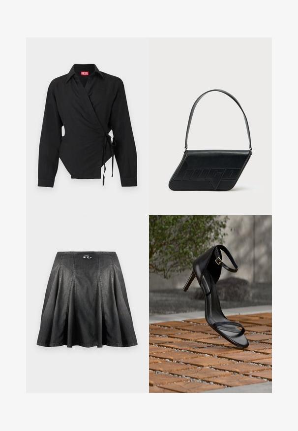Chemise noire à manches longues de style portefeuille avec col et liens latéraux, présentant un petit logo brodé près de la poitrine et une étiquette de marque rouge à l'intérieur du col.; Jupe plissée noire avec une légère évasement et des coutures verticales, ornée d'un petit logo métallique ovale près de la ceinture.; Sandale noire à talon haut avec sangle à la cheville, suspendue au-dessus d'un sol en carreaux de bois à l'extérieur, avec un arrière-plan flou de verdure et de pierre.; Sac d'épaule en cuir noir de forme triangulaire, avec un logo embossé et une seule bandoulière réglable. Design minimaliste avec une texture lisse.