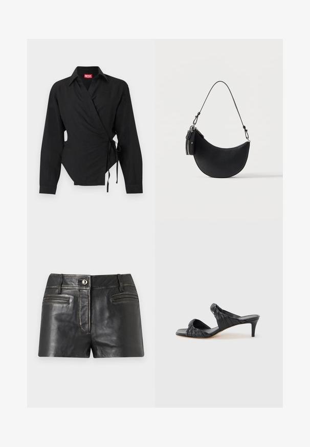 Chemise noire à manches longues de style portefeuille avec col et liens latéraux, présentant un petit logo brodé près de la poitrine et une étiquette de marque rouge à l'intérieur du col.; Shorts en cuir noir avec bouton frontal, passants de ceinture et deux poches frontales horizontales sur un fond gris clair.; Sandales à talons noirs avec un bout carré, fabriquées en cuir lisse. Elles présentent des brides froncées et un talon fin pour plus d'élévation.; Sac à main noir en forme de croissant avec bandoulière amovible et petite pochette zippée attachée sur le côté, surface en cuir texturé.