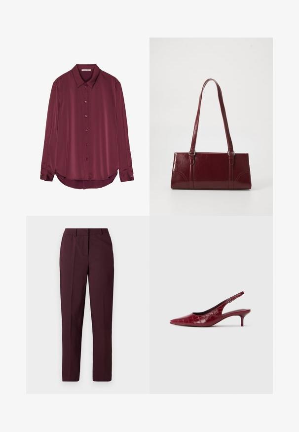 Burgundy, langharige blouse van een gladde satijnen stof met een kraag, knoopsluiting aan de voorkant en een ronde zoom. De knopen passen bij de kleur van de stof.; Bordeauxrode rechte broek met een gladde textuur, voorzien van een vlakke voorkant en zonder zichtbare zakken. Op maat gemaakt ontwerp met een klassieke pasvorm.; Bordeaux lederen slingback pump met krokodillenstructuur, puntige neus, verstelbare gesp en lage kittenhak op een witte achtergrond.; Bourgondische handtas van glanzend materiaal, rechthoekige vorm, met twee schouderbanden en subtiele gebogen accenten aan de voorkant.