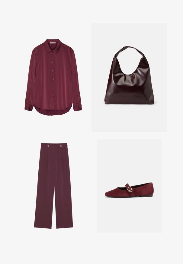 Burgundy, langharige blouse van een gladde satijnen stof met een kraag, knoopsluiting aan de voorkant en een ronde zoom. De knopen passen bij de kleur van de stof.; Hogewaisted, wijde broek in diep pruim met twee knopen op de tailleband en zijzakken, plat weergegeven op een witte achtergrond.; Platte bordeauxsuède Mary Jane-schoen met gouden gesp en zwarte zool, zijaanzicht op een witte achtergrond.; Bordeaux, glanzende vegan leren totebag met een zachte, sculpturale vorm en een brede, gebogen handgreep voor makkelijk dragen.