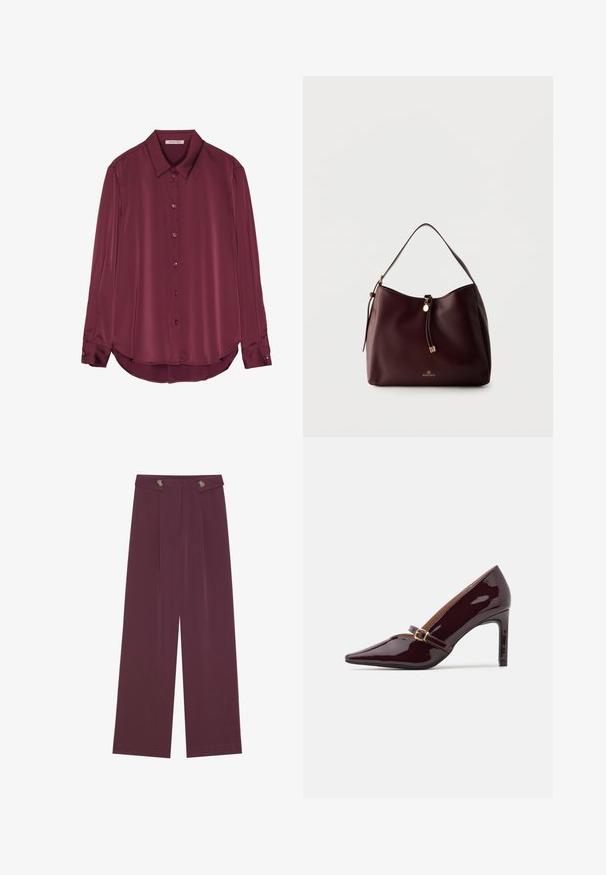 Blouse bourgogne à manches longues en satin lisse, avec un col, une fermeture par boutons et un ourlet arrondi. Les boutons sont de la même couleur que le tissu.; Pantalons taille haute, jambes larges en prune profonde avec deux boutons à la taille et des poches latérales, présentés à plat sur un fond blanc.; Chaussure à talon aiguille bordeaux en patent avec un embout pointu, une bride de cheville comportant des accents en métal doré, et une finition lisse et brillante. Talon stiletto surélevé.; Sac à épaule en cuir marron foncé avec un pompon tressé, des accents dorés et le logo Anna Field à l'avant, sur un fond clair uni.