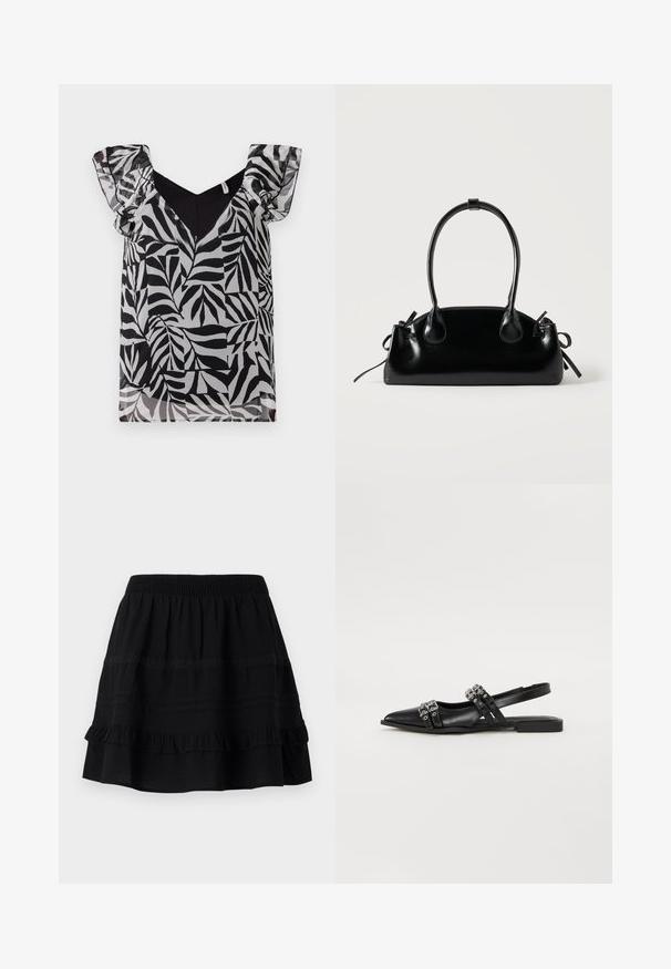 Blouse à motif de feuilles noir et blanc avec des manches volantées transparentes et un décolleté en V. Fabriquée en tissu léger avec une texture lisse.; Jupe en coton noir avec un design à volants superposés, dotée d'une taille élastique et d'ornements en couture contrastée et en bandes de dentelle.; Even&Odd by Zalando Ballerines à brides arrière - black; Petit sac à main noir brillant avec deux longues anses et des détails à cordon sur les côtés sur un fond clair uni.