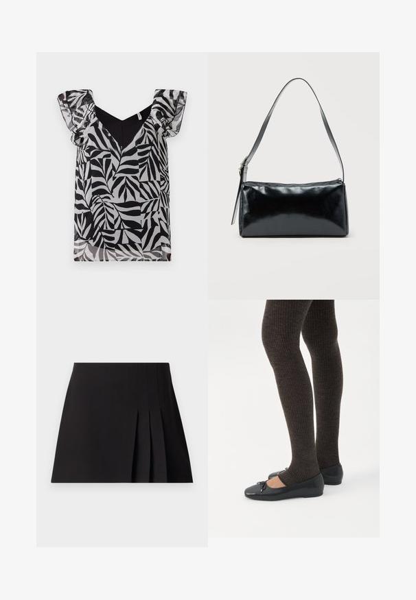 Blouse à motif de feuilles noir et blanc avec des manches volantées transparentes et un décolleté en V. Fabriquée en tissu léger avec une texture lisse.; Jupe mini plissée noire en tissu lisse. Dotée d'une taille ajustée et de détails de couture subtils le long des plis pour apporter de la texture.; Jambes portant des leggings côtelés foncés associés à des ballerines noires avec de petits détails en nœud sur fond blanc.; Sac d'épaule rectangulaire noir avec une sangle réglable unique et une fermeture éclair supérieure sur un fond uni.
