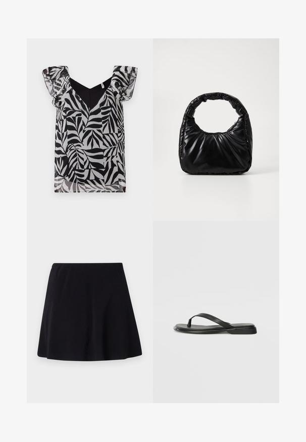 Zwart-wit blouse met bladenpatroon, voorzien van doorschijnende rucheslokken en een V-hals. Gemaakt van lichtgewicht stof met een zachte textuur.; Zwarte rok, boven de knie, gemaakt van lichtgewicht stof met een subtiele textuur, heeft een uitlopende ontwerp en een elastische tailleband.; Zwarte teenflip-flop van glad leer, met een dunne band en een platte zool met een minimalistisch profiel. Geen opvallende patronen of accenten.; Zwarte gevoerde handtas met een ronde handgreep, met een gladde, glanzende oppervlakte en een zachte, gewatteerde textuur. Geen zichtbare metalen onderdelen of accenten.