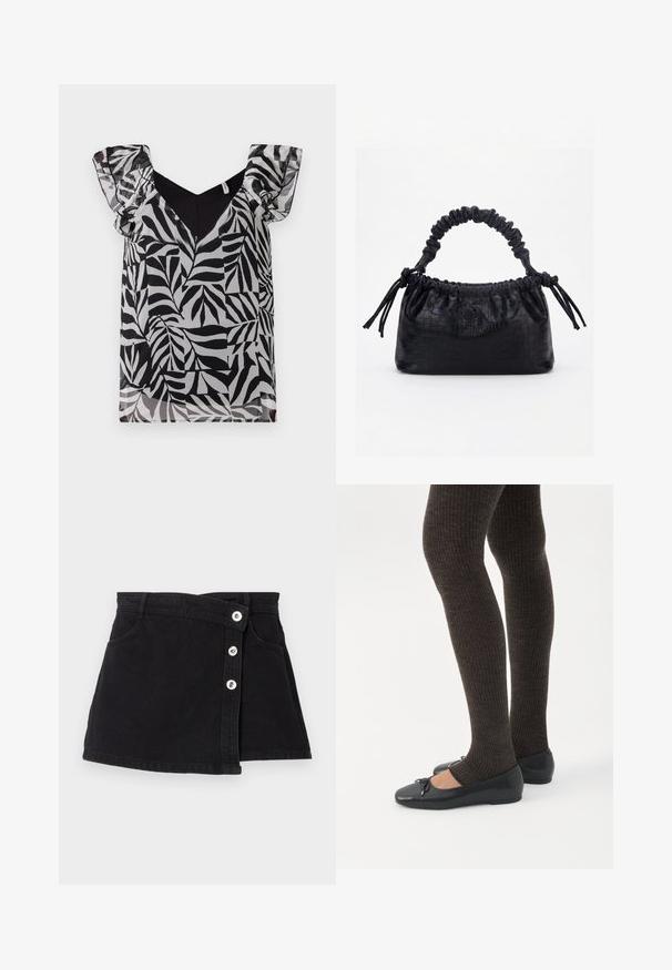 Zwart-wit blouse met bladenpatroon, voorzien van doorschijnende rucheslokken en een V-hals. Gemaakt van lichtgewicht stof met een zachte textuur.; Zwarte denim rok met een hoge taille, met een wikkeldesign, vijf zilveren knopen aan één zijde en twee zijzakken. Soepele textuur.; Benen met donkere geribbelde leggings gecombineerd met zwarte ballerina's met kleine strikdetails op een witte achtergrond.; Zwarte handtas met krokodillenstructuur, geplooide bovenrand, samengevoerde handgreep en koordtassels aan elke kant tegen een witte achtergrond.