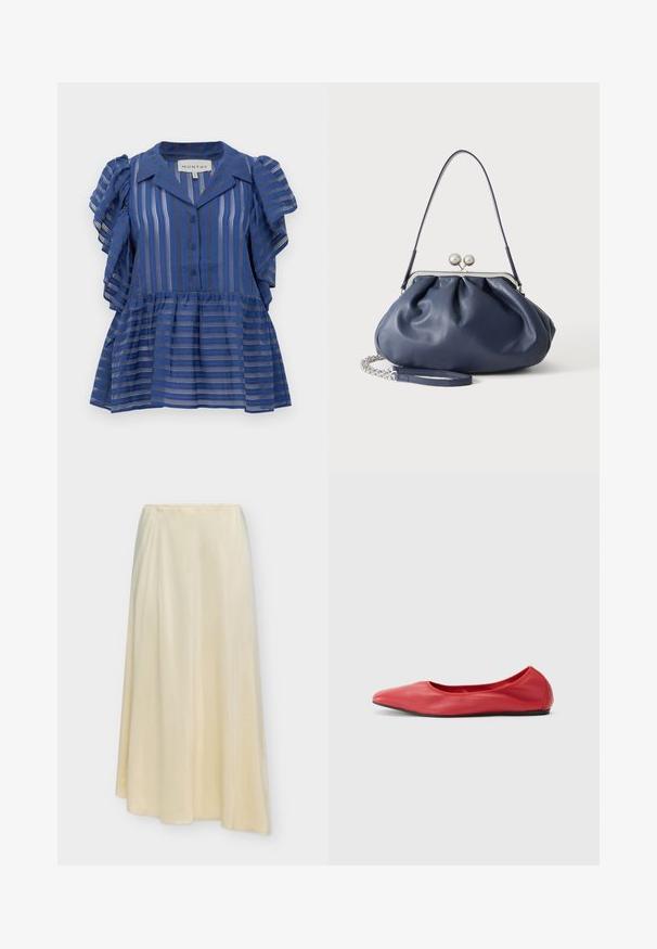 Blouse bleue à manches courtes avec des rayures verticales et horizontales, devant boutonné, manches volantées et ourlet peplum.; Longue jupe couleur crème avec une texture lisse et un léger drapé, présentée sur un fond clair uni.; Filippa K REY FLATS - Ballerines - bright red; Sac à main en cuir bleu marine doux avec fermeture à boucle argentée, une seule bandoulière, et une chaîne de poignet amovible sur fond blanc.