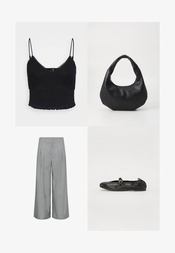 Sort crop-top med justerbare spaghetti-stropper, med tekstureret blonder og en bølget kant.; Lysegrå viddebukser med forreste læg, bæltestropper og en lynlåslukning foran.; Sort læderballetsko med rund tå, justerbar rem og spænde, samt elastisk hæl for en tætsiddende pasform.; Sort flettet håndtaske med et buet håndtag, der har en struktureret overflade og en afslappet form. Glat finish med en organisk silhuet.