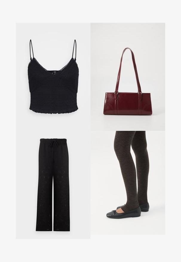 Haut noir court en style caraco avec bretelles spaghetti ajustables, orné de détails en dentelle texturée et d'un ourlet festonné.; Pantalon noir à jambes larges avec taille élastiquée et cordon noué, présentant un motif floral œillet discret sur l’ensemble.; Jambes portant des leggings côtelés foncés associés à des ballerines noires avec de petits détails en nœud sur fond blanc.; Sac à main bordeaux en matériau brillant, de forme rectangulaire, avec deux anses et des accents légèrement courbés à l'avant.