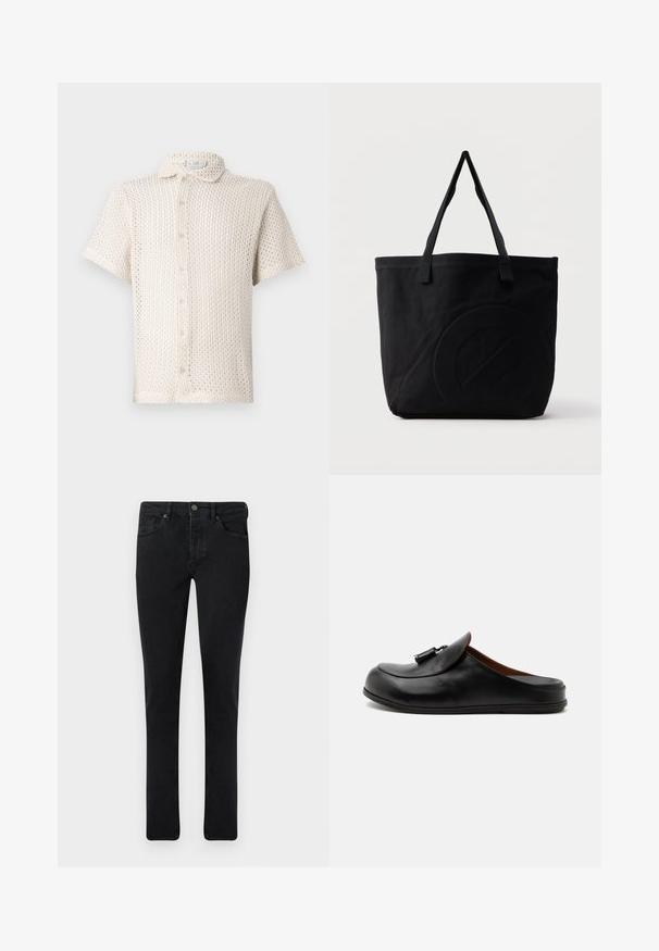 Kortærmet, lysebeige skjorte med knapper lavet af tekstureret, åbent strikket stof med krave og fem knapper nedad. ; Mørk denim jeans med slim fit, fem lomme-design og metalknaplukning. Glat tekstur og jævn farve gennem hele stoffet.; Sort læder rygfri loafer med kvaster på toppen, vist fra siden på en lys ensfarvet baggrund.; Sort canvas-tote-taske med to skulderstropper og et diskret præget cirkeldesign på fronten.