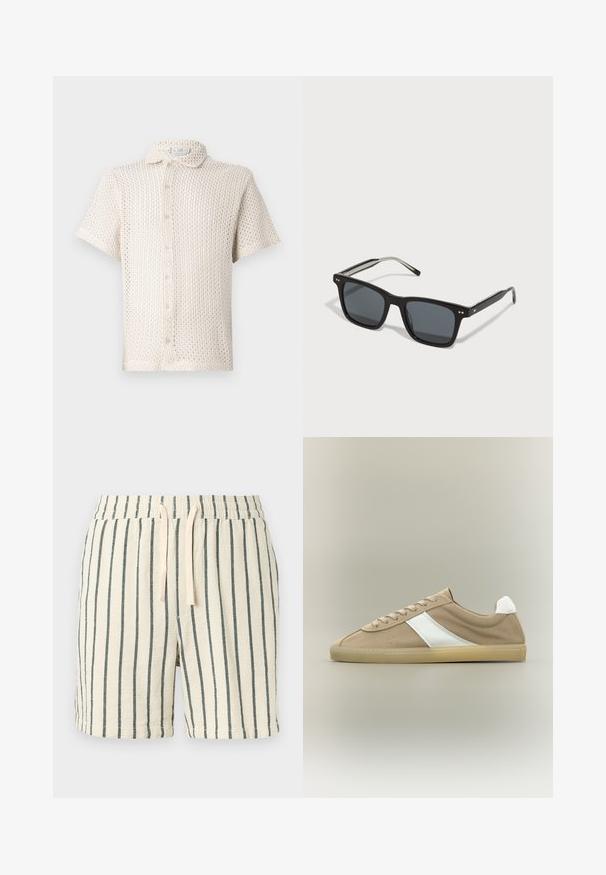 Kortærmet, lysebeige skjorte med knapper lavet af tekstureret, åbent strikket stof med krave og fem knapper nedad. ; Kremfarvede terry-cloth shorts med sorte lodrette striber og elastisk taljebånd med cremefarvede snore.; Lys brun ruskindssneaker med beige sål, hvid hælkappe, hvid sideliste og snørelukning på neutral baggrund.; Sorte firkantede solbriller med mørke linser, plastikramme, metalaccenter og signaturlogo på bøjen. Slank design med et moderne udseende.