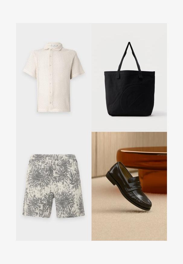 Kortærmet, lysebeige skjorte med knapper lavet af tekstureret, åbent strikket stof med krave og fem knapper nedad. ; Strikshorts i creme og sort med et struktureret, abstrakt mønster. Elastisk talje for komfort og nem påklædning.; Skinnende sort læderloafer med remdetalje, placeret på beige tæppe nær et rundt brunt sofabord i et blødt oplyst rum.; Sort canvas-tote-taske med to skulderstropper og et diskret præget cirkeldesign på fronten.