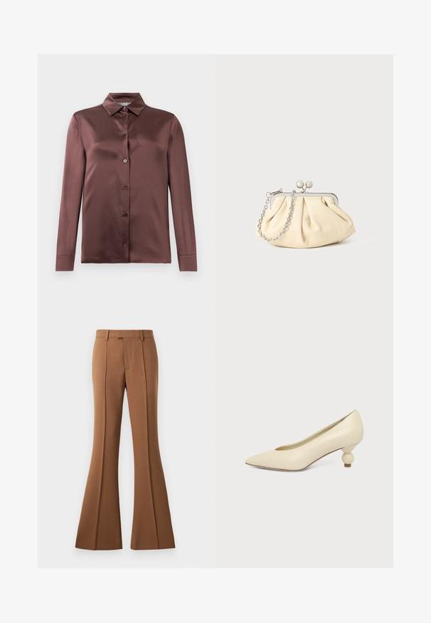 Chemise en satin à manches longues de couleur mauve profond, avec col pointu et boutons sur le devant, posée à plat sur un fond blanc.; Pantalons évasés marron en tissu lisse, avec une taille haute, des plis pressés et une poche avant pour un détail supplémentaire.; Chaussure femme couleur crème à bout pointu avec un petit talon rond en forme de boule, sur fond uni.; Pochette en cuir beige plissé avec un cadre en métal argenté, dotée de deux fermoirs ronds décoratifs et d'une chaîne en argent.