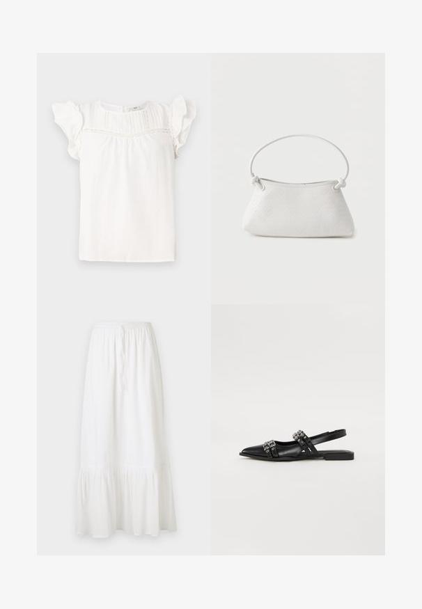 Blouse blanche à manches courtes en volants, avec des plis verticaux et des détails en dentelle le long du cou. Tissu doux et coupe décontractée.; Jupe blanche, longueur genou, fabriquée en tissu léger avec une taille élastique et un cordon de serrage. Elle présente un ourlet volanté et une texture subtile.; Even&Odd Ballerines à brides arrière - black; Sac à main en cuir tressé blanc avec poignée arrondie et extrémités de lanière nouées, présenté sur un fond uni.