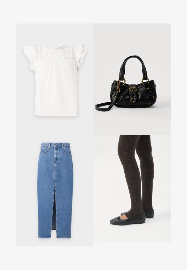 Blouse blanche à manches courtes en volants, avec des plis verticaux et des détails en dentelle le long du cou. Tissu doux et coupe décontractée.; Jupe midi en denim bleu clair avec une fente avant, design classique à cinq poches et fermeture par bouton supérieur. Le tissu présente une légère texture.; Jambes portant des leggings côtelés foncés associés à des ballerines noires avec de petits détails en nœud sur fond blanc.; Sac à main en cuir noir avec boucle dorée et détails à rivets, poignées courtes et bandoulière réglable sur fond blanc uni.