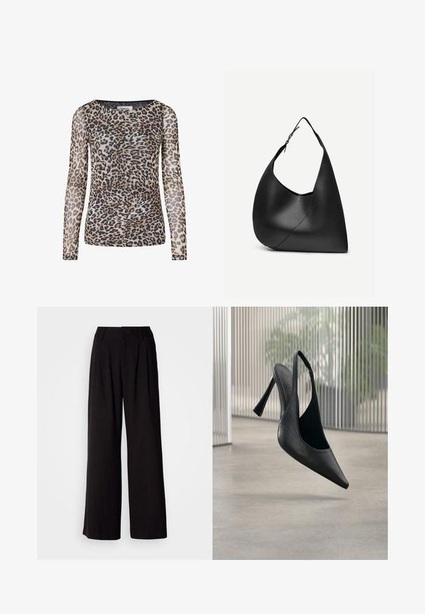 Haut à manches longues en imprimé léopard, en tissu léger et transparent. Présente un col rond et des détails froncés, avec des nuances de beige, noir et marron.; Pantalon large noir en tissu lisse, avec des plis à l'avant, une taille ajustée, et sans motifs ni accents visibles.; Chaussure à talon aiguille en cuir noir avec bride arrière et bout pointu, flottant au-dessus d'un sol en béton lisse et d'un panneau métallique vertical en arrière-plan.; Sac à épaule en cuir noir avec forme triangulaire incurvée, une seule sangle ajustable, et une couture diagonale visible à l'avant.