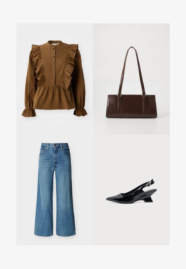 Brunternetternet bluse med ruffle-detaljer langs skuldrene og foran. Hele ærmer og samlet kant giver et tekstureret, lagdelt udseende.; Blå højtaljede jeans med vide ben, frontknap og lynlåslukning, bæltestropper og fem-lomme-design på hvid baggrund.; Sort laklæder slingback sko med spids tå og lav vinklet blokhæl på ensartet lys baggrund.; Brun lakeret håndtaske med rektangulær form, to lange håndtag og subtile buede detaljer på fronten.