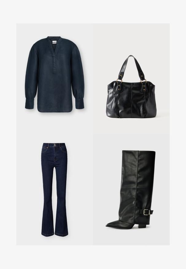 Blouse bleu marine à manches longues avec col mandarin, fente en V, poignets froncés et coupe ample, présentée sur un fond uni.; Jean en denim bleu foncé taille haute avec jambes évasées, poches avant et fermeture à double bouton à la taille.; Bottes noires en cuir longueur cheville avec un bout pointu, texture lisse et une accent en boucle argentée sur le côté. Talon carré épais.; Sac à épaule en cuir noir avec double anses attachées par des anneaux et rivets dorés, surface lisse et légèrement brillante, design simple.