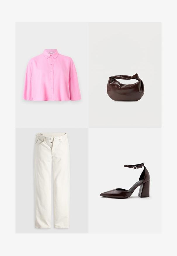 Roze kortebragige overhemd met knoopsluiting en een puntige kraag, met een relaxed fit. Gemaakt van lichtgewicht stof met een gladde textuur.; Witte rechte jeans met hoge taille, knoopsluiting, voor- en achterzakken, en zichtbare koperen klinknagels op de hoeken van de zakken.; Donkerbruine leren pumps met puntige neus, hoge hak, enkelbandje en zilveren gesp op een witte achtergrond.; Donkerbruine leren schoudertas met een zachte, slungelige vorm en een gedraaide knoopvormige handgreep op een effen witte achtergrond.