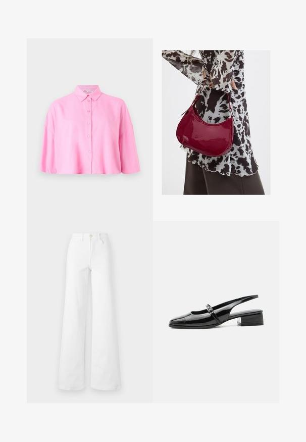 Roze kortebragige overhemd met knoopsluiting en een puntige kraag, met een relaxed fit. Gemaakt van lichtgewicht stof met een gladde textuur.; Witte wijde spijkerbroek van denim met een hoge taille, voorzien van voorzakken, riemlussen en een knoopsluiting. Soepele textuur, geen patronen.; Zwarte lakleren slingback schoen met een lage blokhak en een dunne band met zilveren gesp bovenop.; Vrouw met een zwart-wit gebloemde blouse houdt een glanzende rode schoudertas vast tegen een effen achtergrond.