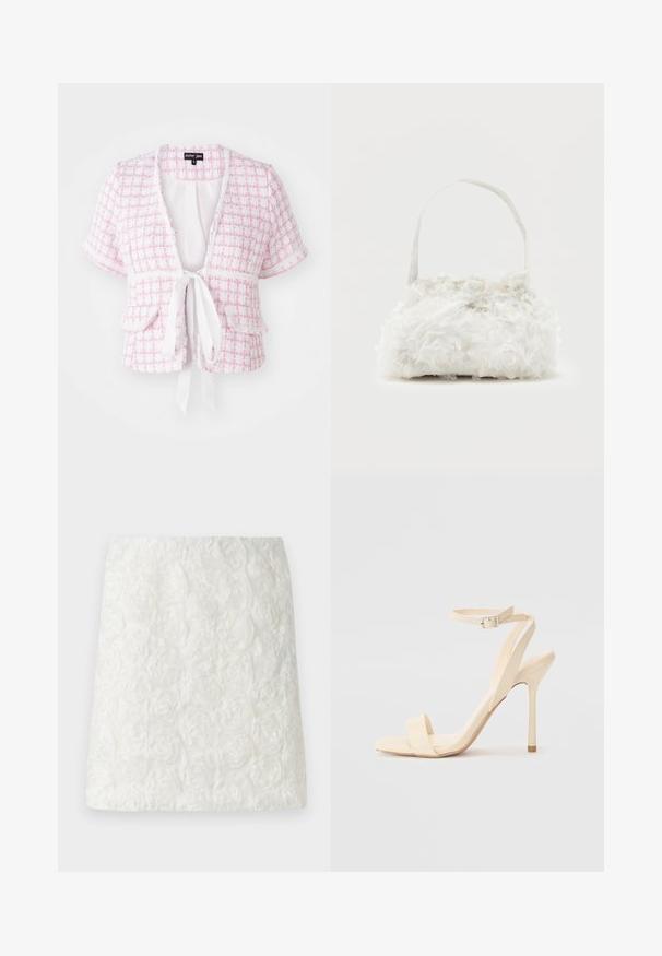 Veste tissée rose à manches courtes avec fermeture à lien, poches avant et motif texturé. Avec un bord festonné et une coupe décontractée.; Jupe mini blanche avec une surface texturée ornée de motifs floraux en relief ressemblant à des roses, fabriquée en tissu léger.; Sandale à talon haut beige avec une sangle fine autour de la cheville et un bout carré. Matériau synthétique lisse, design minimaliste et talon aiguille.; Petit sac à main blanc orné de roses en tissu recouvrant le corps et d'une fine anse unique, sur un fond uni.