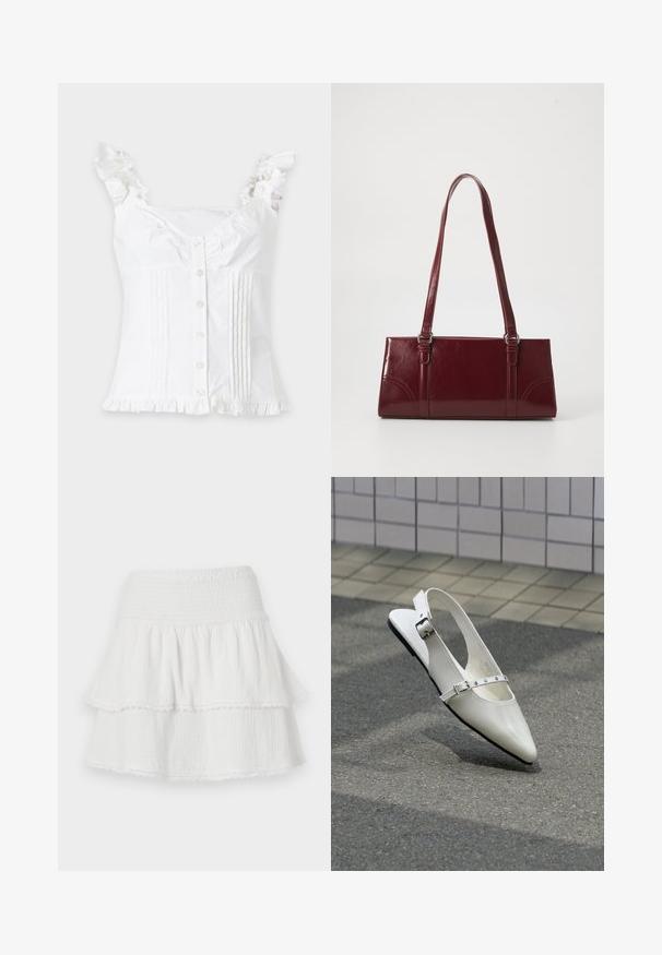 Blouse blanche sans manches avec bretelles et ourlet froncés, boutons à l'avant et plis verticaux cousus des deux côtés.; Mini-jupe blanche à volants avec taille élastiquée smockée et délicate bordure en dentelle sur chaque ourlet de volants.; Chaussure plate slingback blanche pointue avec deux boucles argentées, présentée en extérieur sur un sol texturé et un mur carrelé en arrière-plan.; Sac à main bordeaux en matériau brillant, de forme rectangulaire, avec deux anses et des accents légèrement courbés à l'avant.