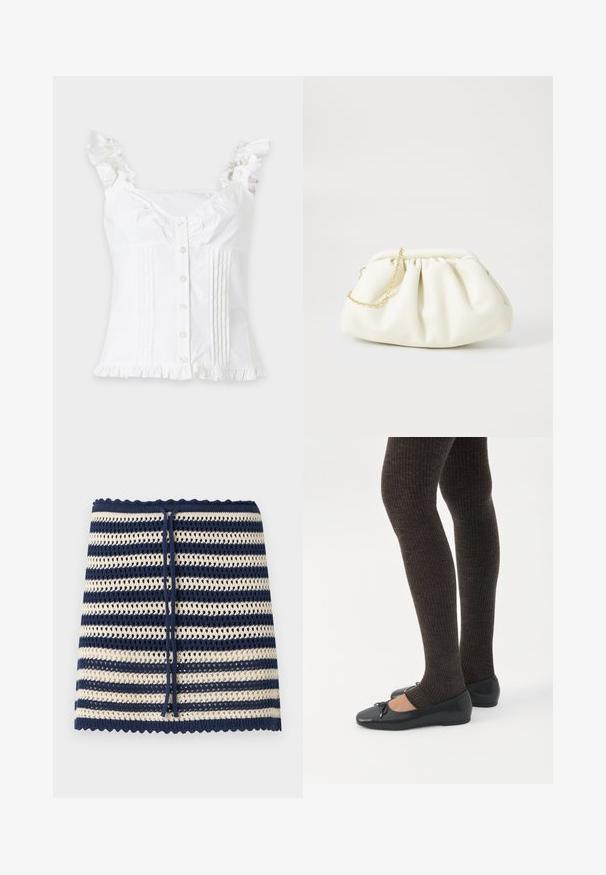 Blouse blanche sans manches avec bretelles et ourlet froncés, boutons à l'avant et plis verticaux cousus des deux côtés.; Jupe tricotée à rayures horizontales bleu marine et crème, bords festonnés et lien à cordon bleu marine à la taille.; Jambes portant des leggings côtelés foncés associés à des ballerines noires avec de petits détails en nœud sur fond blanc.; Sac à main en cuir blanc avec un design plissé, doté d'une bandoulière en chaîne dorée et d'une forme arrondie. Texture lisse avec des plis doux et sans motifs.