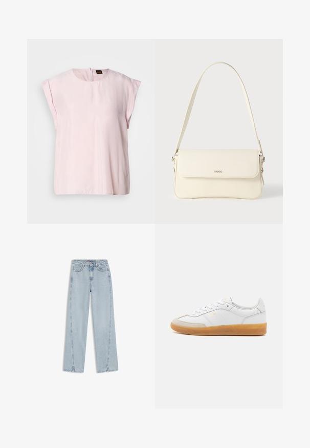 Haut rose à manches courtes avec un col rond et un léger éclat. Présente une fermeture zippée au dos et une coupe décontractée. Texture lisse.; Jean en denim bleu clair taille haute, coupe droite, avec poches avant, passants de ceinture, fermeture par boutons et petites fentes aux ourlets inférieurs.; Baskets en cuir blanc avec des accents en suédine beige, semelle en caoutchouc gomme et design à lacets. Présente un logo discret en doré.; Sac à bandoulière en cuir couleur crème avec fermeture à rabat, quincaillerie argentée, une bandoulière réglable et un logo discret.