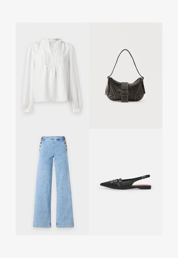 Blouse blanche à manches longues avec un col volanté, un détail plissé à l'avant et des poignets élastiqués. Tissu doux avec une finition légèrement texturée.; Jean large en denim bleu clair à taille haute, avec des accents de boutons en métal sur les côtés et une texture lisse légèrement vieillie.; Chaussure plate noire en cuir avec un bout pointu, dotée de deux lanières horizontales et de boucles carrées en argent, avec un faible talon et une texture lisse.; Sac à épaule en cuir noir avec une sangle à boucle, des bords arrondis et des coutures blanches contrastées sur un fond uni.
