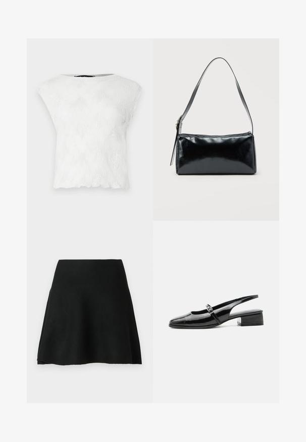 Top blanco de manga corta con un patrón texturizado ondulado y un escote redondeado, con un dobladillo ligeramente ondulado. Hecho de una tela ligera.; Falda skater negra hecha de tela suave, diseño acampanado con una textura lisa, cuenta con una cintura alta y un corte por encima de la rodilla.; Zapato slingback de charol negro con tacón bajo y grueso y una fina correa con hebilla de plata en la parte superior.; Bolso de hombro rectangular negro con una correa ajustable y un cierre de cremallera superior sobre un fondo liso.