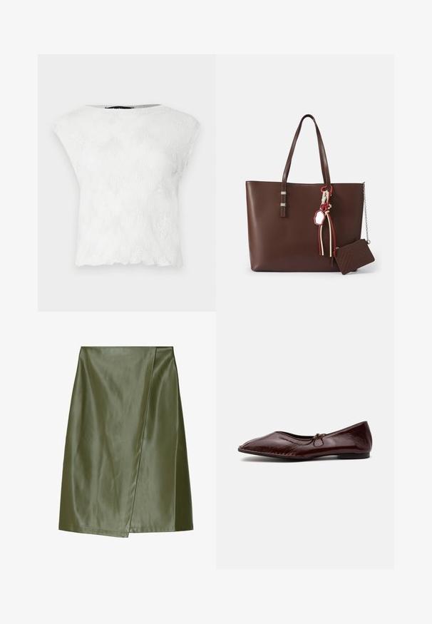 Hvid kortærmet top med et bølget teksturmønster og en rund halsudskæring, der har en let scallop-edged kant. Lavet af letvægtsstof.; Oliven grøn faux læder mini skirt med et diagonalt omslagdesign, glat tekstur og pæne syninger langs kanterne.; Skinnende mørkebrun flad sko med spids tå og lille sløjfedetalje på toppen, vist på en ensartet lys baggrund.; Brun læder tote taske med to stropper, sølv hardware detaljer, dekorative kvaster og en lille matchende lynlåsbortegnelse vedhæftet.