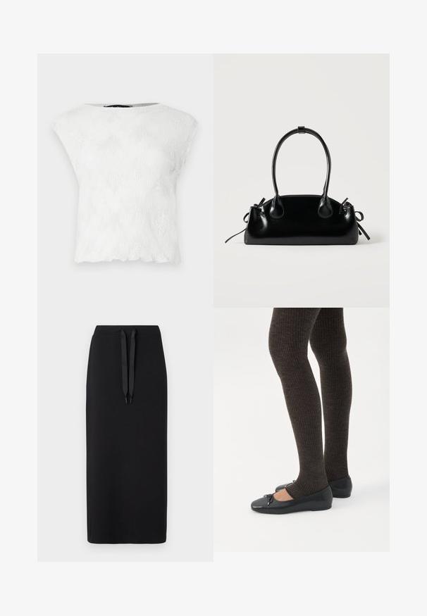Top blanco de manga corta con un patrón texturizado ondulado y un escote redondeado, con un dobladillo ligeramente ondulado. Hecho de una tela ligera.; Falda midi negra hecha de una tela suave, con una cintura ajustable con cordón. Diseño sencillo con una silueta recta y sin patrones adicionales.; Piernas con leggings oscuros acanalados combinados con bailarinas negras que presentan pequeños detalles de lazo sobre un fondo blanco.; Pequeño bolso negro brillante con dos asas largas y detalles de cordón lateral sobre un fondo claro liso.
