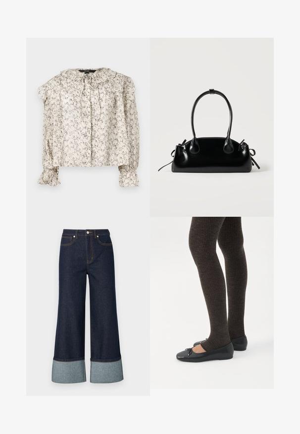 Lette, cremeklædte bluse med små blomstertryk. Har en rynket krave, bindebånd og sammensynede ærmer med vide manchetter. Fem knapper.; Bredde jeans lavet af mørk denim, med en lysere denimmanchet. Designet omfatter forlommer og kontrastsyningsdetaljer.; Ben iført mørke ribbede leggings kombineret med sorte balletsko med små sløjfedetaljer på hvid baggrund.; Lille sort blank håndtaske med to lange håndtag og snøre-detaljer i siden på en ensfarvet lys baggrund.
